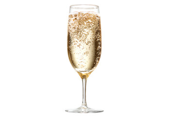 Elegant Glass of Sparkling Champagne with Bubbles and Effervescence, isolated on a transparent background.