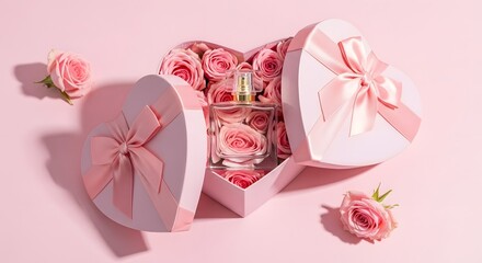 Fototapeta premium Beautiful Pink Roses Arranged in a Heart-Shaped Box with a Perfume Bottle and Fresh Rose Blooms