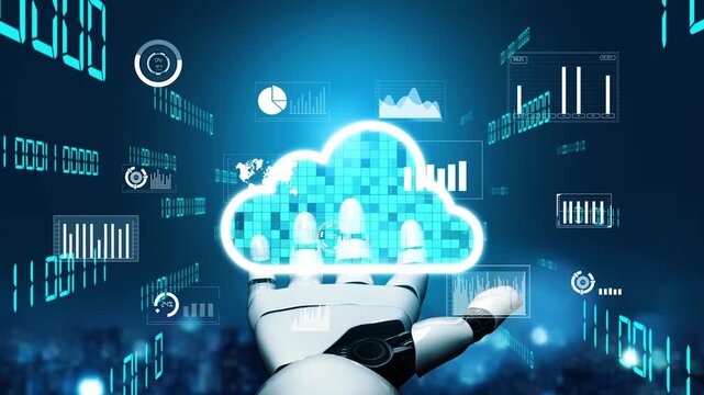 A futuristic robot hand presents a glowing cloud symbol surrounded by data visualization graphics, emphasizing digital transformation and technology innovation concepts. Xenic