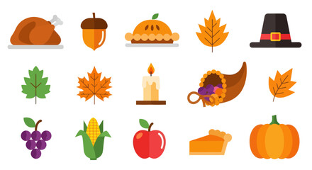 Thanksgiving icons autumn harvest feast symbols in flat vector style © Geovani