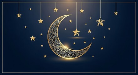 Naklejka premium Golden Crescent Moon and Stars on Night Sky – Elegant Islamic Ramadan Background