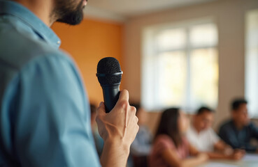 Fototapeta premium Man speaks into microphone in classroom. Blurred audience listens attentively to presenter. Focus on speaker hand holding mic in seminar room.