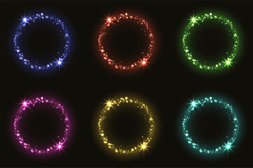 set of glowing glitter circles with neon sparkle light effects on black background for luxury design