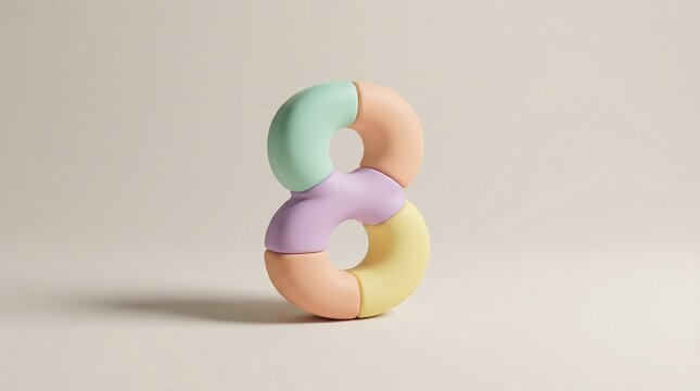 Eight figure composed of soft pastel color blocks. Number eight with rounded geometric shapes for celebration and infographic.