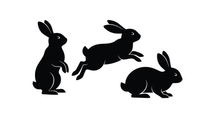 Fototapeta premium Three black rabbits in various poses are depicted against a white background showcasing a striking silhouette high quality professional detailed modern