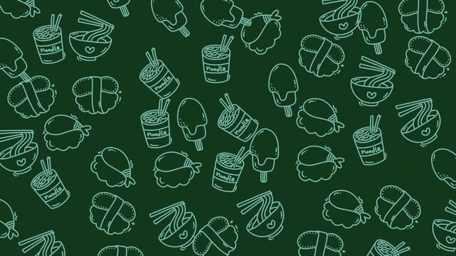 Dark green background with line art of foods like noodles, sushi, shrimp, and ice cream. Perfect for foodrelated designs and packaging.