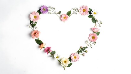 Obraz premium Heart shape made of colorful natural flowers and green leaves on white background for greeting card. Romantic floral design.