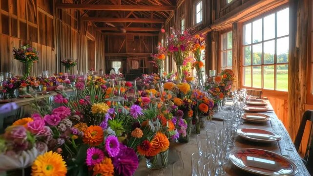Floral Feast Inside: A rustic barn is filled with color, featuring multiple arrangements and decorative tables. a stunning display of celebration.