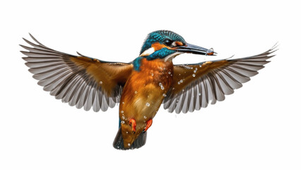 Obraz premium Kingfisher bursting from water in midair, wings flung wide as droplets scatter, vivid blue and orange plumage blazing with energy against white