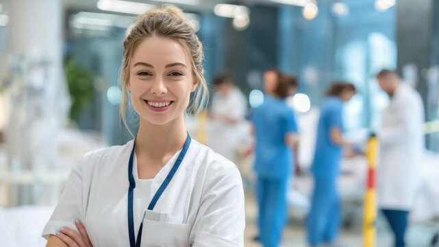 Smiling Nurse: A compassionate and confident nurse stands in a modern, well-lit hospital corridor, emanating an aura of caring and expertise.