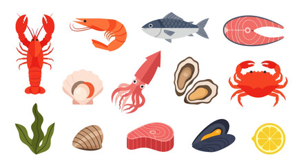 Various seafood icons lobster shrimp fish and other marine life