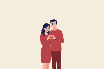 Flat vector illustration of a happy couple forming a heart with their hands, romantic relationship, love and affection concept, modern minimal style.