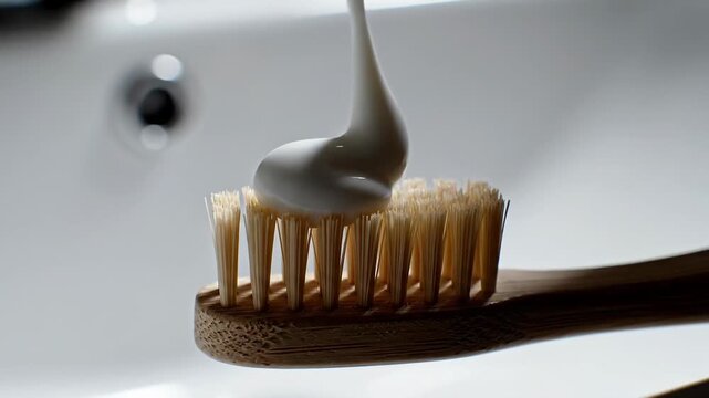 Close-up of toothpaste being squeezed onto a bamboo toothbrush in a bathroom sink.
