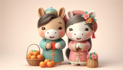 Fototapeta premium 3D cute cartoon horse holding red envelope and wear chinese outfit for lunar new year celebration.