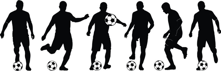 Set of Professional Male Footballer Silhouettes Dribbling Kicking and Juggling Soccer Ball Isolated on White Background for Sports Design Projects