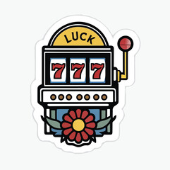 Luck Slot Machine &ndash; Stylized Casino Graphic with Triple 7s, Lever, and Floral Accents