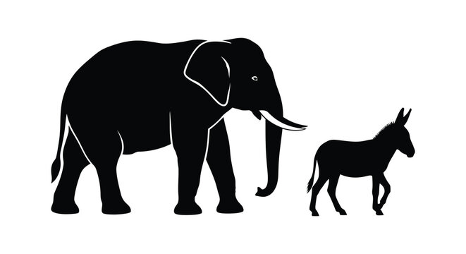 A striking black silhouette depicts an elephant and a donkey standing side by side representing a political symbolism silhouette high quality professional detailed