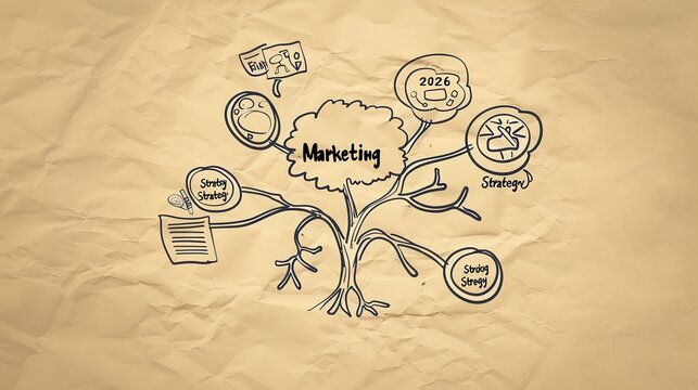 Hand-Drawn Mind Map Sketch Template with Central Topic, Branches, and Placeholder Circles for Brainstorming on Paper Texture