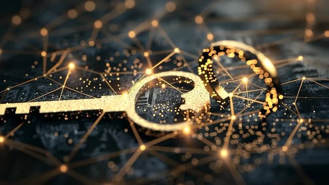 Digital Security Key: An intricate golden key rests atop a dark, futuristic surface interwoven with a web of luminous lines, symbolizing security and access.