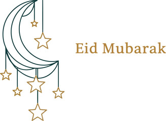 Elegant eid mubarak greeting with a minimalist crescent moon and golden hanging star decoration