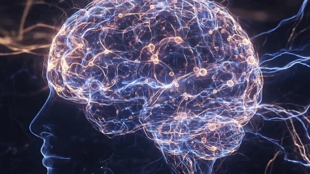 Electrical neural network brain glowing synapse connections profile electric human brain network glowing neural connection synapse activity