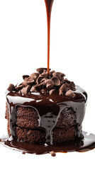 Obraz premium Delicious chocolate cake being covered in rich fudge sauce on transparent background