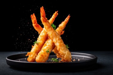 Crispy, golden shrimp arranged artistically on a plate, garnished with herbs, set against a dark background, creating an appetizing and elegant presentation.
