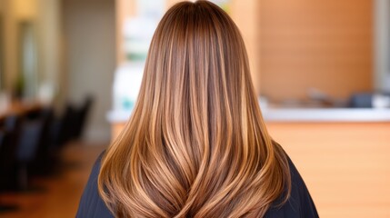 A close-up view of long, beautifully styled hair, showcasing highlights and smooth texture against a softly blurred background.