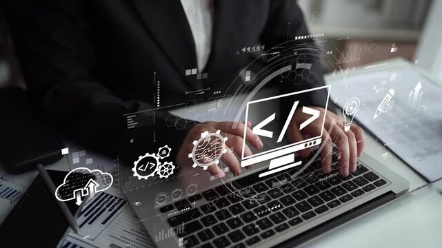 Modern web development concept featuring coding symbols, web development process, web development interface, and web development tools with futuristic design. Muxer