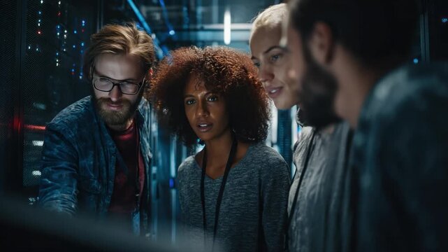 Team of Tech Experts in a Server Room: A group of skilled IT specialists huddle together in a modern server room, working collaboratively to solve a complex technological challenge.