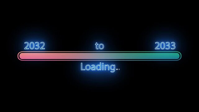 Loading bar transition from 2032 to 2033 on black background
