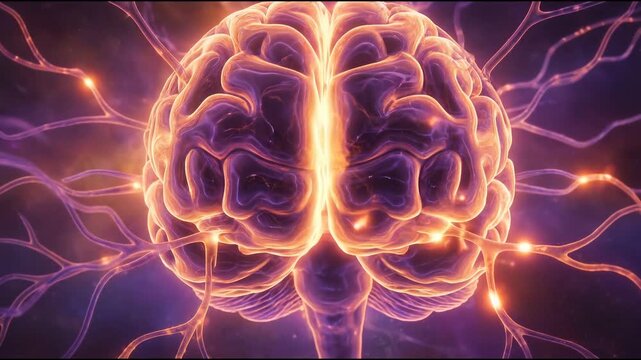 Glowing human brain neural network synapse neuron cortex electricity glowing purple and orange light abstract scientific concept cognition