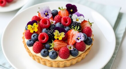 Fresh Berry Tart with Edible Flowers on a White Plate