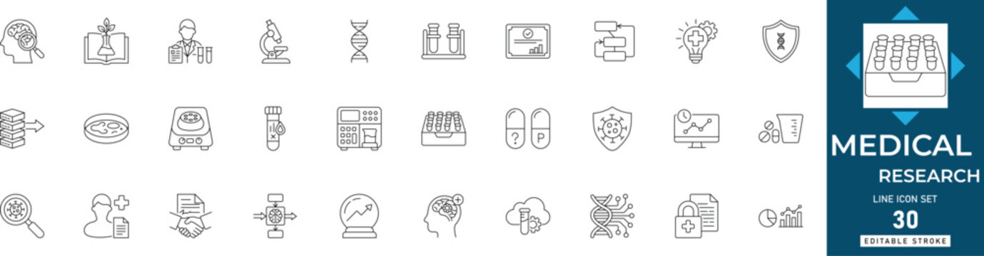 Medical research line icon set featuring clinical, healthcare, pharma, trial, medicine, health, patient, treatment, breakthrough, doctor editable vector set
