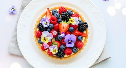 Beautiful Berry Tart Decorated with Fresh Fruits and Edible Flowers