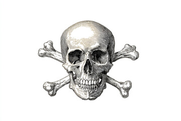 Vintage engraved skull and crossbones icon on clean white backdrop, intricate lines, 32