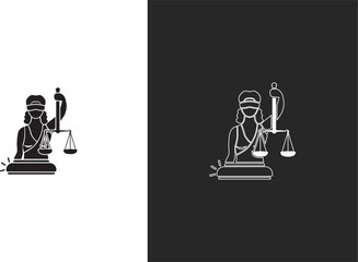 icons Justice symbol icon Lady Justice holding scales and sword flat vector illustration for legal concepts and law services isolated on white and black backgrounds
