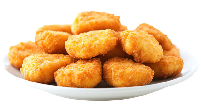 Pile of golden crispy chicken nuggets on plate ready to be served