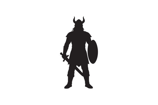 Silhouette of a fierce viking warrior wearing horned helmet with sword and shield standing powerfully isolated on white background.