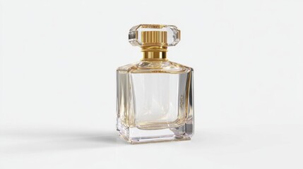 Elegant Glass Perfume Bottle with Golden Cap on White Background