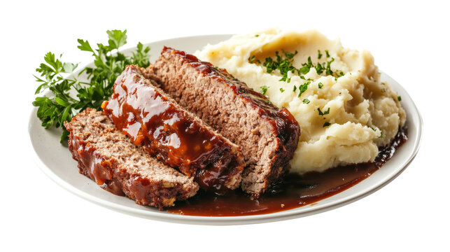 Sliced meatloaf served with mashed potatoes parsley and gravy on elegant white plate