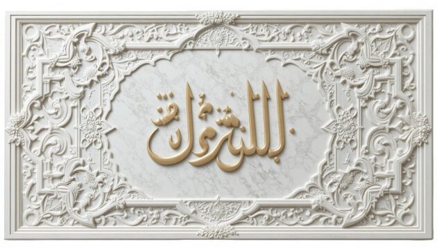 Intricate arabic calligraphy on ornate white marble plaque with gold accents
