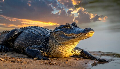 Obraz premium Alligator basks on shore at sunset, scales, reflection in water