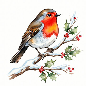 A vibrant red robin perched on a snowy holly branch with berries