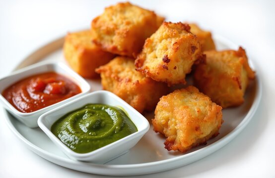 Golden brown paneer pakora snacks served with spicy green chutney and tomato ketchup. Delicious Indian vegetarian appetisers perfect for parties or tea time. Crispy fried cheese fritters ready to eat.