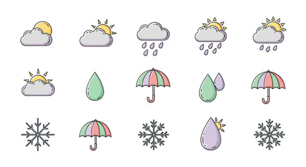 Weather icons set cloud sun rain umbrella and snowflake illustrations