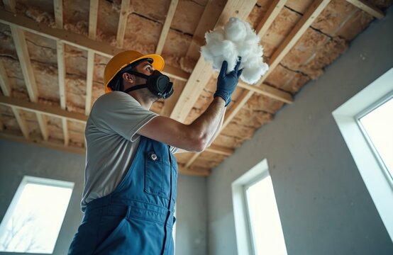 Worker installs thermal insulation material in ceiling joists. Man wears safety helmet respirator gloves and overalls for protection. Home renovation work includes soundproofing and energy saving.
