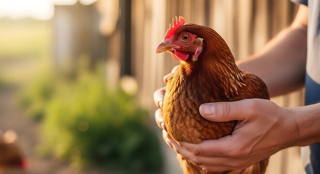 Brown Chicken Being Held by Person's Hands Outdoors