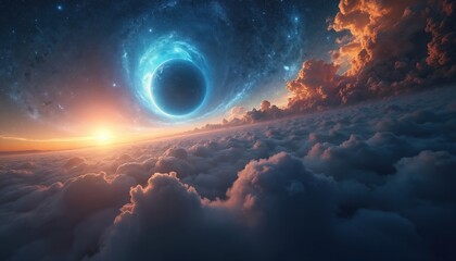 Fototapeta premium Vast expanse of starry space with glowing nebula and planet. Sun sets over thick cloud layer. Cosmic scene inspires wonder, exploration, future discovery. Sci fi.