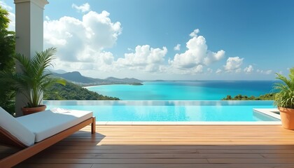 Naklejka premium Luxury infinity pool overlooks tropical bay and rich green hills. A white lounger rests on wooden deck beside potted palm plant. Bright sunny day with blue sky.